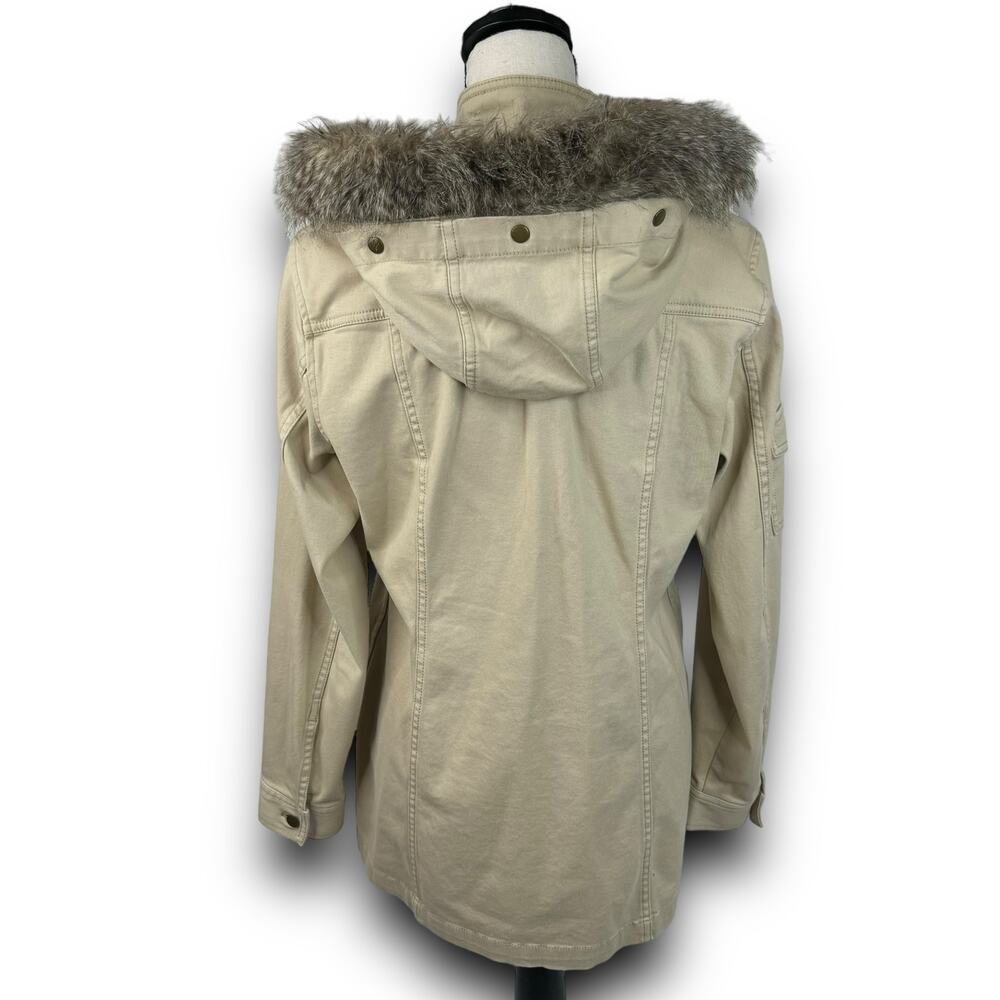 CAbi Nanook Tan Cotton Twill Utility Jacket Lightweight Faux Fur Hood Size Small - Picture 4 of 13